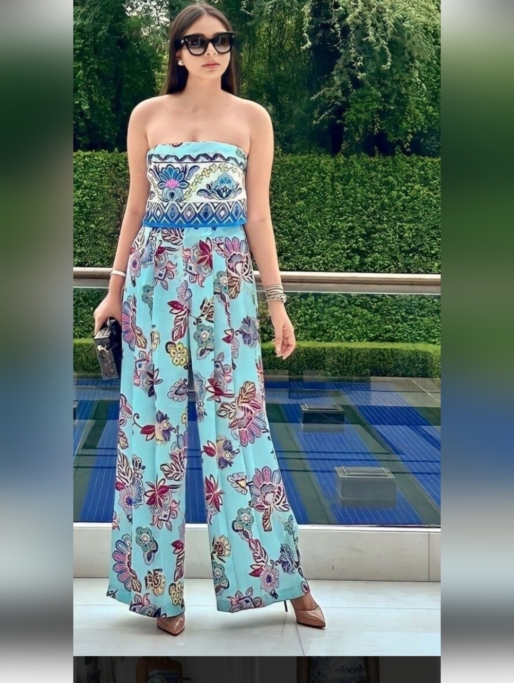 Zara Strapless Floral Wide-Leg Jumpsuit in Light Blue Size XS.